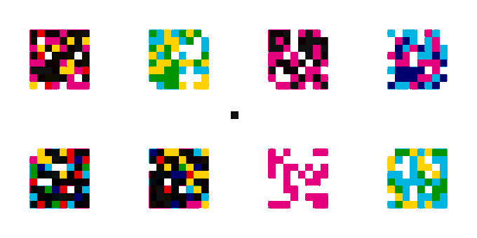 Eight small colorful pixel-art style squares arranged in two rows of four, displaying various abstract patterns in bright pink, yellow, green, blue, and black.