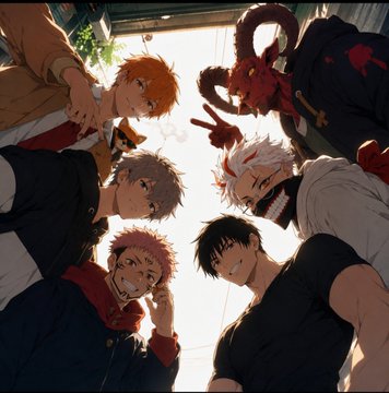 Anime illustration of six characters including one with horns gathered in a circle, viewed from below.