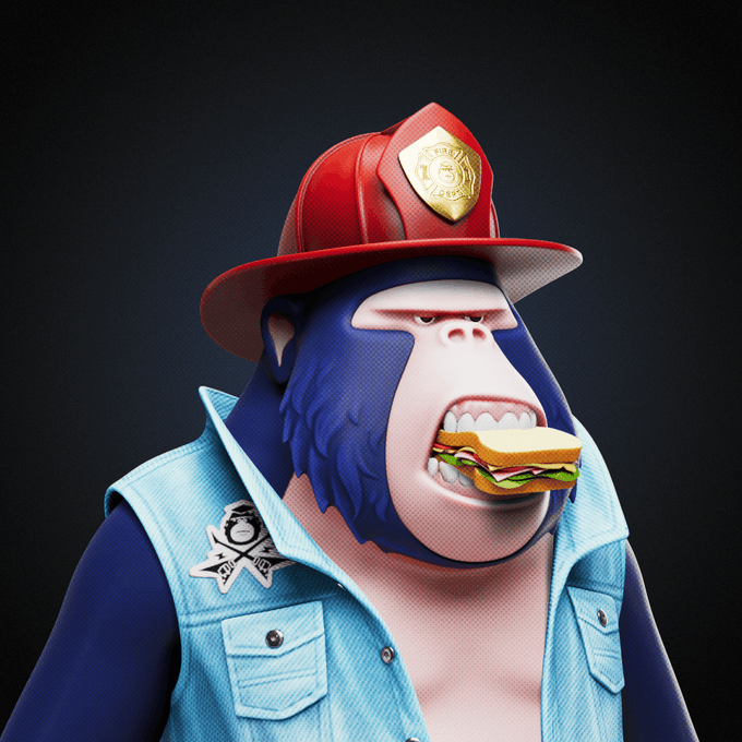 The image shows a 3D-rendered gorilla in a blue denim vest, firefighter's helmet, and holding a sandwich in its mouth, with the text "1 OF THE GORILLAS" visible on the helmet badge. The post references an asset acquired through @DegenApeAcademy via market.degen.inc, suggesting this firefighter-themed gorilla is part of their NFT collection.
