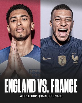 The image is a promotional graphic for the England vs. France World Cup Quarterfinals match, featuring headshots of Jude Bellingham (in England's white jersey) on the left and Kylian Mbappé (in France's blue jersey) on the right, with the match details displayed at the bottom. It visually represents the two teams referenced in the betting prediction, highlighting the star players whose performance could influence the outcome of this tightly contested quarterfinal.