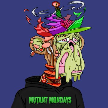 A colorful cartoon illustration of a disfigured zombie-like character wearing a black hoodie that reads 'MUTANT MONDAYS' in green text, with green slime and mushrooms emerging from the neck.