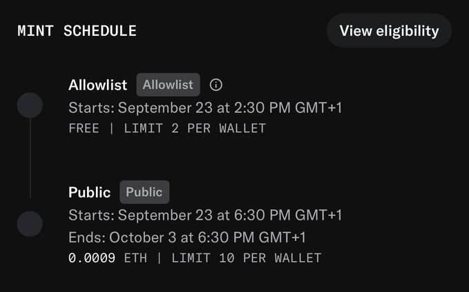 A mint schedule showing an Allowlist phase starting September 23 at 2:30 PM GMT+1 with a free mint (limit 2 per wallet), followed by a Public phase from September 23 at 6:30 PM to October 3 at 6:30 PM GMT+1 priced at 0.0009 ETH (limit 10 per wallet), supporting the post's announcement of a free mint opportunity.