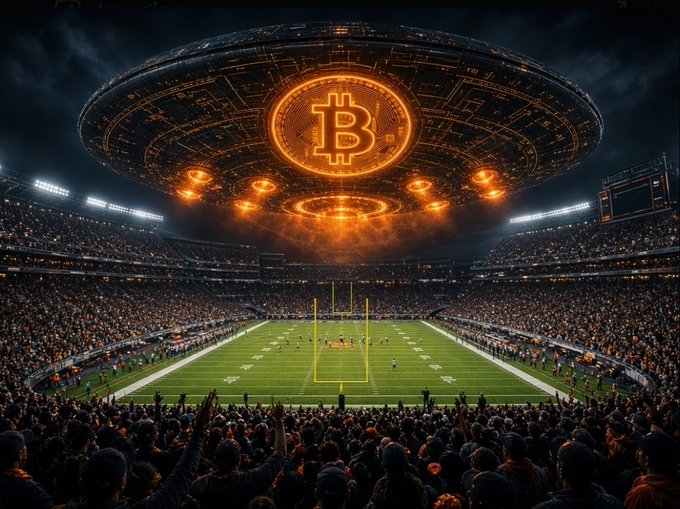 Stylized stadium scene featuring a glowing orange Bitcoin symbol hovering above an American football field during a night game.