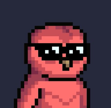 A pixel art illustration of a pink character wearing black sunglasses with white highlights, sticking out its tongue.