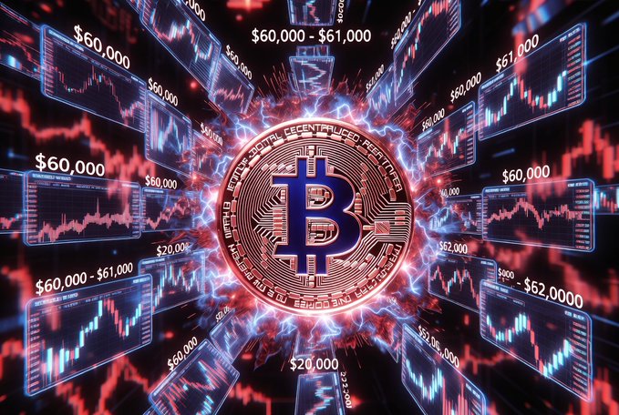 A glowing Bitcoin coin is surrounded by floating cryptocurrency price charts and ticker screens displaying figures like "$60,000" and "$60,000 - $61,000," visually reinforcing the post's theme of a massive $10.6 billion Bitcoin options expiry event with BTC trading near the critical $60,000 support level.