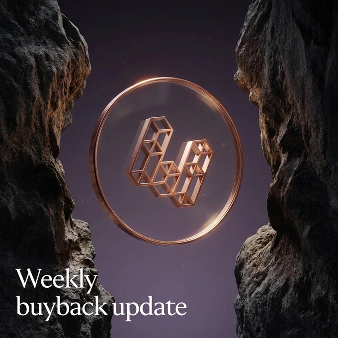 A 3D copper-colored geometric 'W' logo inside a ring is set between rocky cliffs, with the text 'Weekly buyback update' below.