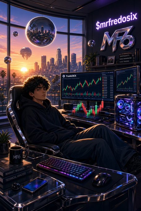 A stylized digital artwork of a young man seated at a futuristic trading desk with multiple monitors displaying 'TradeDEX' charts, set against a city skyline at sunset, with the text '$mrfredosix MF6' visible.