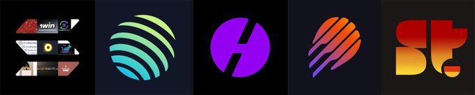 A horizontal display of five logo designs, including a purple circular 'H', an orange claw mark, a yellow and red 'St' monogram, and others on dark backgrounds.