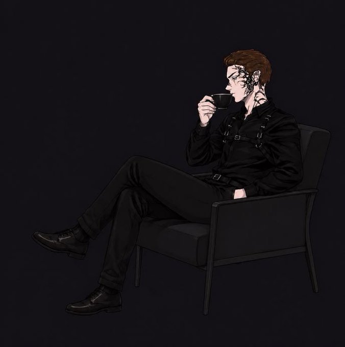 A stylish figure sits in a modern chair, sipping coffee while wearing an all-black outfit with visible harness straps, set against a dark background. The image complements the post's theme of embracing privacy and anonymity on the Beldex blockchain, with the character's poised, mysterious demeanor reflecting a confident yet understated digital identity.