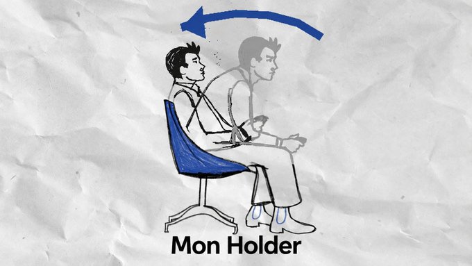 Caption: A hand-drawn illustration on crumpled paper labeled 'Mon Holder' shows a person sitting in a blue chair holding a game controller, with a blue arrow arcing backward over their head.