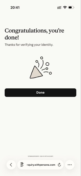 A mobile screen displaying 'Congratulations, you're done! Thanks for verifying your identity' with a party popper illustration and a 'Done' button from inquiry.withpersona.com.