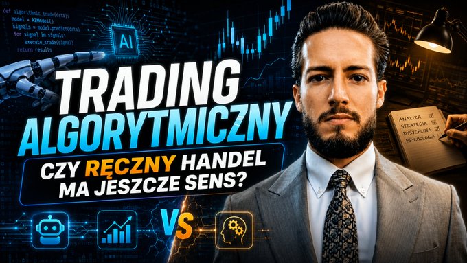 A promotional image with Polish text 'TRADING ALGORYTMICZNY CZY RĘCZNY HANDEL MA JESZCZE SENS?' featuring a bearded man in a suit alongside AI and trading graphics.