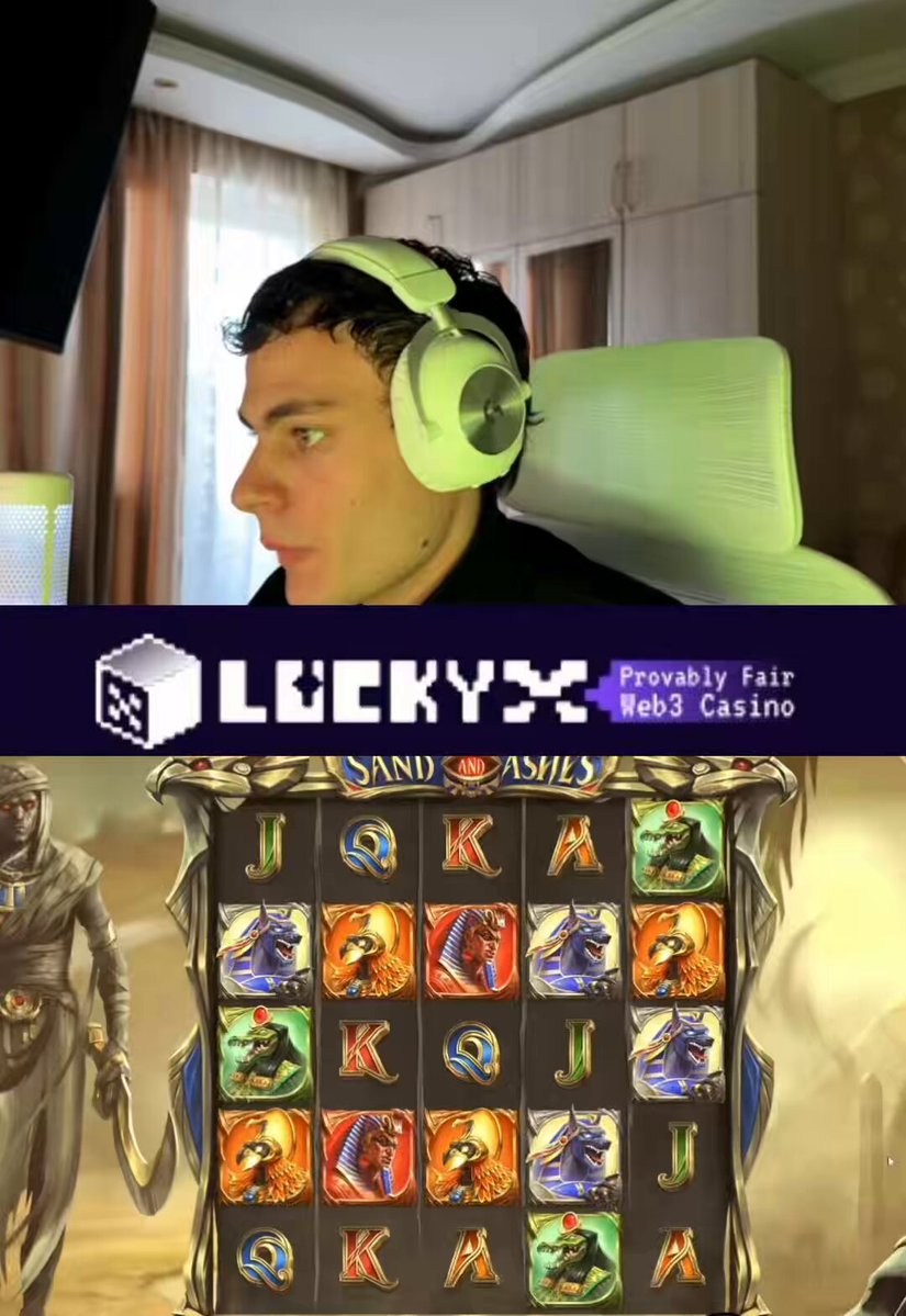 The image features a man wearing headphones sitting at a desk with a slot machine game, likely playing a video game or participating in an online gaming event. The slot machine has a "50 USDT Giveaway Like, RT & Tag 2 Friends Day" promotion, which suggests that the man might be taking part in a special gaming event or trying to win a prize for his friends on this day.