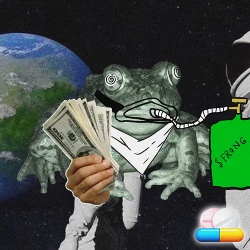 A surreal meme image showing a frog in a suit holding cash, smoking a cigarette, and a green canister labeled 'STRONG', set against a space background with Earth visible.