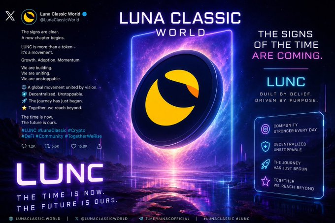 A promotional graphic for Luna Classic World (@LunaClassicWorld) features a glowing crescent moon emblem against a cosmic purple backdrop, with text declaring "THE SIGNS OF THE TIME ARE COMING" and emphasizing LUNC's messaging of unity ("BUILT BY BELIEF, DRIVEN BY PURPOSE," "COMMUNITY STRONGER EVERY DAY," "DECENTRALIZED UNSTOPPABLE," "THE JOURNEY HAS JUST BEGUN," and "TOGETHER WE REACH BEYOND"), reinforcing the post's narrative of LUNC as a unified global movement.