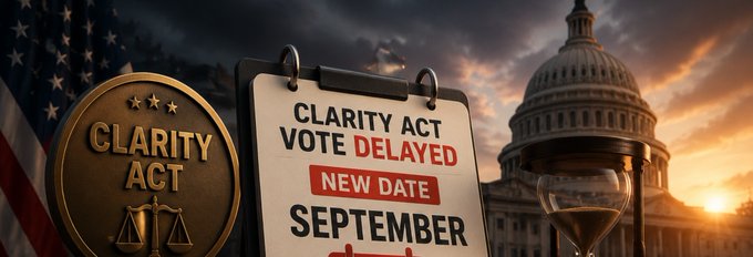 A graphic showing the 'CLARITY ACT VOTE DELAYED' with a new September date, featuring the US Capitol dome and an American flag.