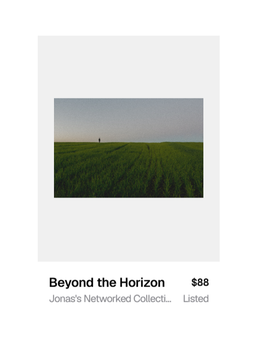 A digital storefront listing titled 'Beyond the Horizon' priced at $88 from Jonas's Networked Collection, showing a photograph of a vast green field with a small figure in the distance.