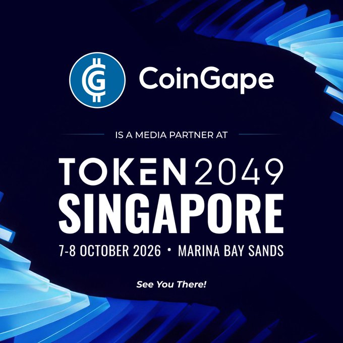 A CoinGape promotional graphic announcing its media partnership at TOKEN2049 Singapore, scheduled for 7-8 October 2026 at Marina Bay Sands, featuring the CoinGape logo on a dark blue background with abstract design elements and the tagline "See You There!"