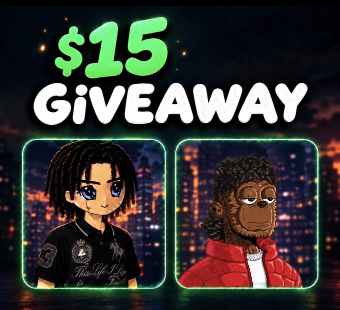 A $15 giveaway promotion featuring two cartoon avatars—one with dreadlocks in a black polo and another in a red puffer jacket—against a city skyline backdrop, encouraging followers to engage with @JusttDerrick by following with notifications on and commenting Solana addresses to win.