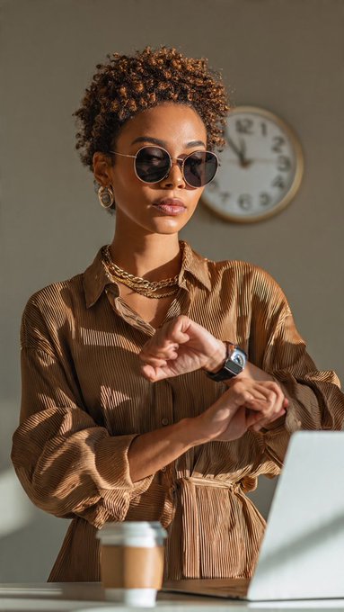 A portrait of a woman with curly hair, wearing round sunglasses, gold jewelry, and a brown shirt, standing near a clock and a laptop with a coffee cup.