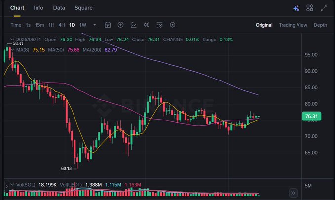 Binance daily chart for SOL/USDT showing a price of 76.31 with a 0.01% change, featuring candlestick data and moving averages (MA8, MA50, MA200) over a downward trend with recovery.