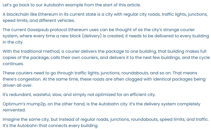 An article excerpt explaining blockchain using a city and Autobahn analogy, comparing Ethereum's Gossipub protocol to Optimium's mump2p.