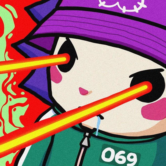 An anime-style illustration of a character with a purple cap emitting red and yellow laser beams from their eyes, featuring the text '069' on their green jacket and 'XOX' at the top.