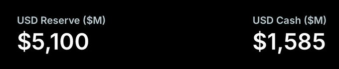 Financial figures on a black background showing 'USD Reserve ($M) $5,100' and 'USD Cash ($M) $1,585'.