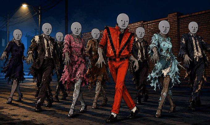 A group of figures with blank white masks and tattered, colorful suits walking together in a dark urban setting, reminiscent of zombie-like dancers in a music video.