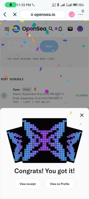 A mobile screenshot of opensea.io showing a successful NFT mint with a 'Congrats! You got it!' message, displaying a pixel-art NFT of a blue and purple shirt, with mint schedule details for September 14-21 and a limit of 5 per wallet.