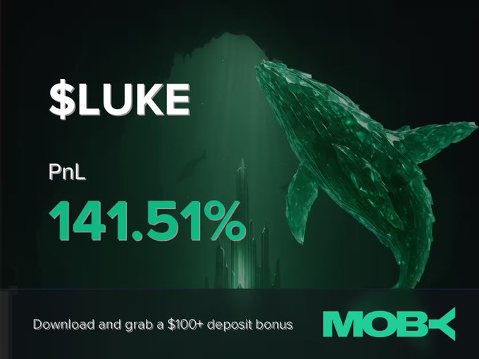 A Moby Mobile promotional graphic highlights trader "Luke's" outstanding performance, displaying a striking green whale alongside the text "$LUKE" and a PnL of 141.51%, with a call-to-action to "Download and grab a $100+ deposit bonus." The image visually celebrates the trader's win alert, reinforcing the platform's success stories while promoting user sign-ups.