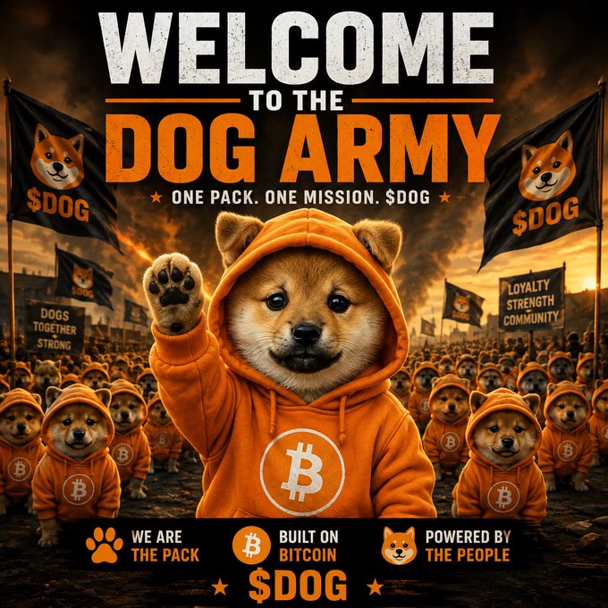 A promotional graphic for the '$DOG' cryptocurrency token featuring a Shiba Inu in a Bitcoin hoodie surrounded by an army of similarly dressed dogs, with flags and text reading 'WELCOME TO THE DOG ARMY,' 'ONE PACK. ONE MISSION. $DOG,' 'DOGS TOGETHER STRONG,' 'LOYALTY STRENGTH COMMUNITY,' and 'BUILT ON BITCOIN.'