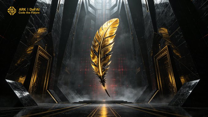 A glowing golden quill floats within a dark, geometric temple-like chamber, symbolizing the act of authorship and creation. In the upper left, the text "ARK | DeFAI – Code the Future" reinforces the message that ARK is scripting the next chapter of AI-driven innovation through its Arkie AI App.