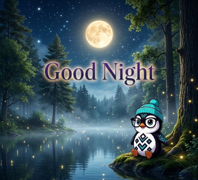 A 'Good Night' greeting card illustration showing a cute cartoon penguin wearing a teal beanie and glasses, sitting by a misty lake under a full moon surrounded by pine trees and glowing fireflies.
