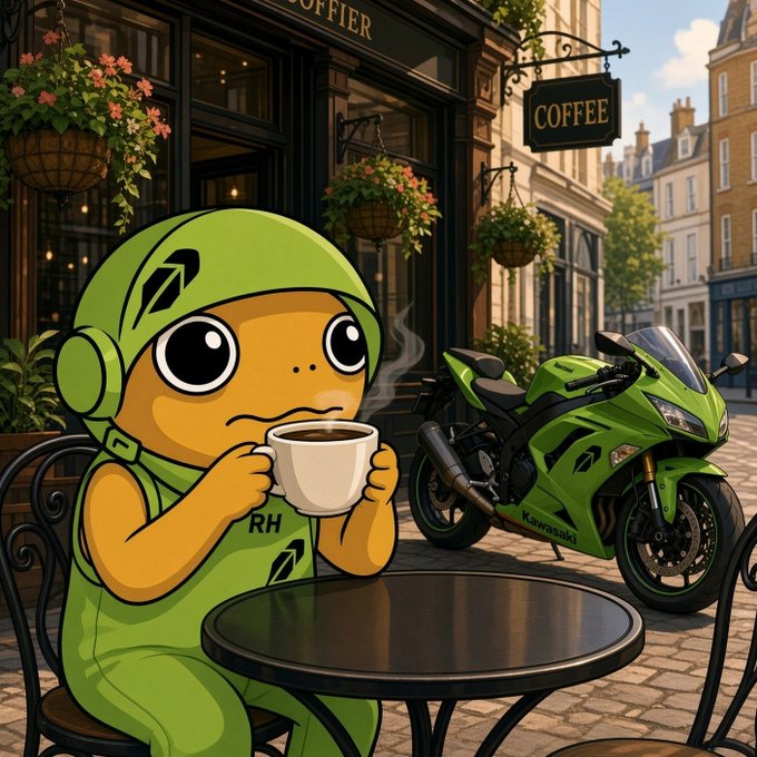 A cartoon illustration of a green character with big eyes wearing a helmet, drinking a cup of coffee at a café table with a green Kawasaki motorcycle parked nearby.