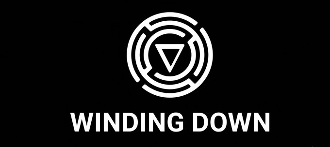 The image shows a white maze-like logo with a triangle inside on a black background, above the text "WINDING DOWN". This mirrors the sentiment of the accompanying post about crypto bear markets and projects like Odos winding down.