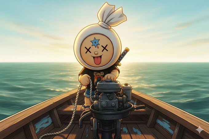 The image features a cartoon character dressed as a sailor who is sitting inside a boat at sea during sunset. The character has a white headband with blue stars, a black shirt, and a sword in their hand. The background of the image shows an ocean view under a beautiful sunset sky. The post that accompanies this image talks about Quantum Echoes and how they are building projects with real utility narratives through the timeline.
