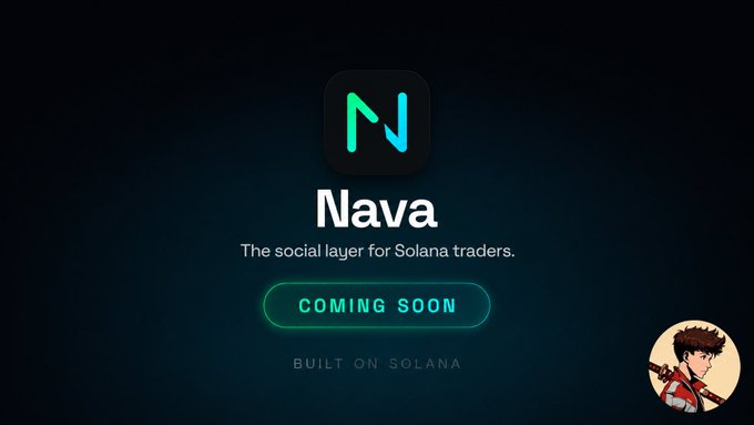 Promotional graphic for "Nava," described as "The social layer for Solana traders," with a "COMING SOON" button and "BUILT ON SOLANA" text.