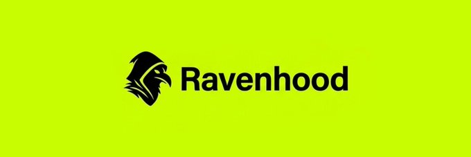 The image shows the Ravenhood logo, featuring a stylized black raven head next to the bold "Ravenhood" wordmark set against a vibrant lime-green background. It serves as the brand identity for the $RVH token discussed in the post, which highlights Ravenhood's permissionless token mechanics (intoTheVoid/feedTheRaven) and its locked Uni V3 LP vault.
