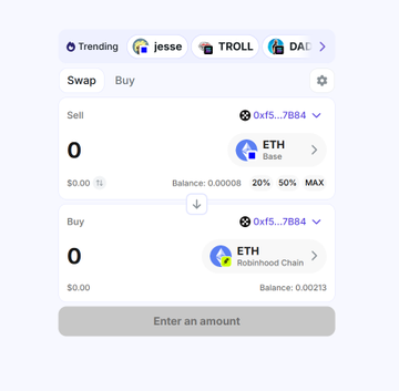 A cryptocurrency swap interface on Binance showing a swap between 0xf5_7884 tokens and ETH on Base and Robinhood Chain networks.