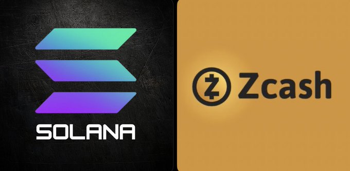 A graphic showing the logos of Solana (SOL) and Zcash (ZEC) side by side against dark and gold backgrounds.
