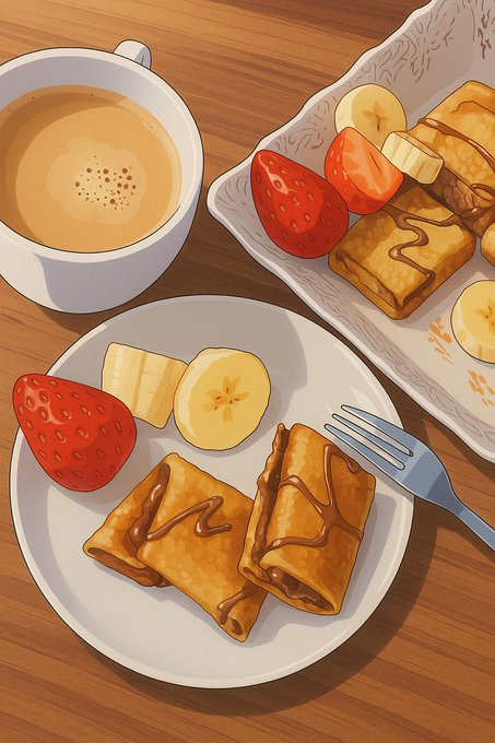 An illustrated scene of a breakfast featuring a cup of coffee, a strawberry, banana slices, and chocolate crepes on a white plate next to a fork on a wooden table.