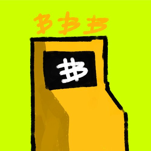 A stylized illustration of a yellow/orange arcade machine with a screen displaying a white "₿" (Bitcoin) symbol, set against a bright green background with "$$$" written above it, visually reinforcing the post's pitch about investing in RH crypto arcade machines to reach 1 ETH.