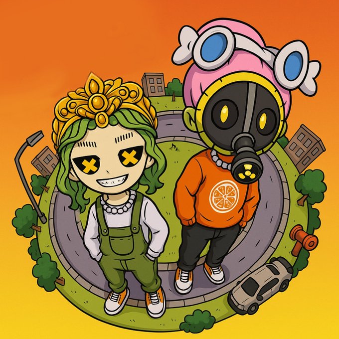 Colorful cartoon illustration featuring two stylized characters standing on a circular road: one with green hair, X-shaped eyes, and a golden crown wearing green overalls, and another wearing a pink helmet with blue eyes, a gas mask, and an orange shirt with a citrus slice logo, set against an orange background with small buildings and a car.