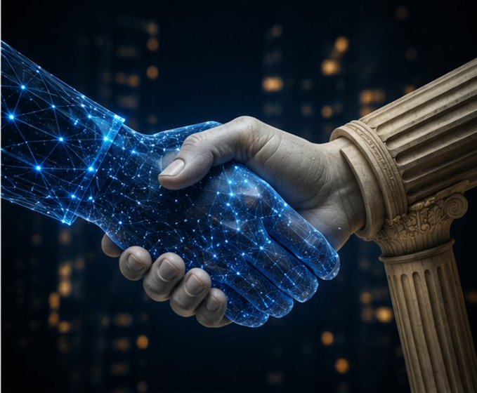 A handshake between a digital, blockchain-style hand and a classical stone hand emerging from a pillar symbolizes the meeting of crypto innovation and traditional finance. The glowing blue network nodes in the digital hand reflect the growing integration highlighted in the post, illustrating how banks, RWAs, and blockchain are converging rather than competing.