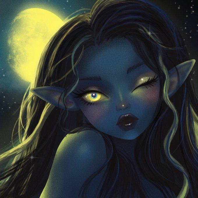 A digital illustration depicts an elf-like character with blue skin, glowing yellow eyes, and pointed ears, set against a night sky with a large yellow moon.
