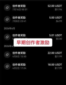 The image shows a list of "创作者激励" (Creator Incentives) rewards in USDT, with amounts like 52.00 USDT, 5.00 USDT, 5.01 USDT, 22.00 USDT, and 18.00 USDT dated between April and July 2026, overlaid with red text reading "早期创作者激励" (Early Creator Incentives).

This screenshot serves as evidence backing the post's claims about higher creator earnings on OKX Star, demonstrating the author's substantial USDT rewards earned through the platform's creator incentive program.