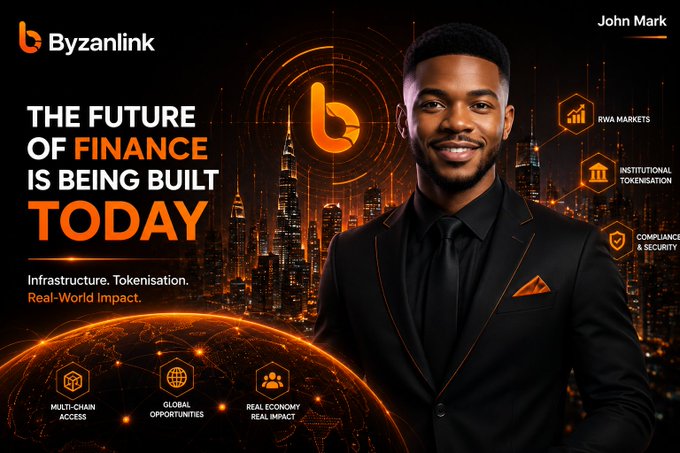 Promotional banner for Byzanlink featuring 'John Mark' with text 'THE FUTURE OF FINANCE IS BEING BUILT TODAY' and tags for RWA Markets, Institutional Tokenisation, Compliance & Security, Multi-Chain Access, Global Opportunities, and Real Economy Real Impact.
