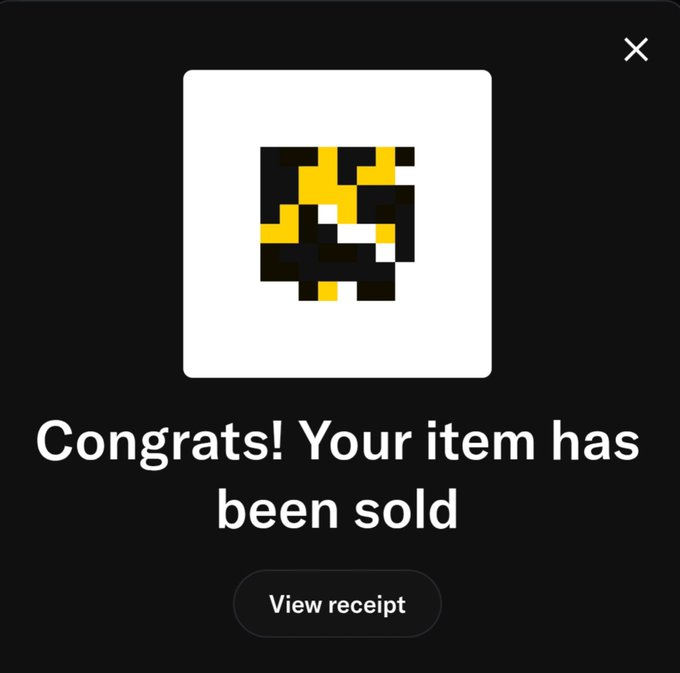 A dark-themed digital notification screen displaying a pixelated yellow and black character with the message 'Congrats! Your item has been sold' and a 'View receipt' button.