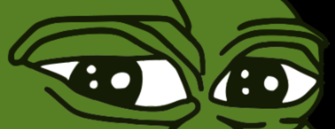 A close-up cartoon drawing of a green frog's eyes looking sideways with small white highlight reflections in the pupils.